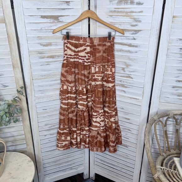 ULLA Johnson 0 Women's 100% Silk Aisa Tiered A Line Midi Skirt Fawn Ikat Print - Picture 16 of 16